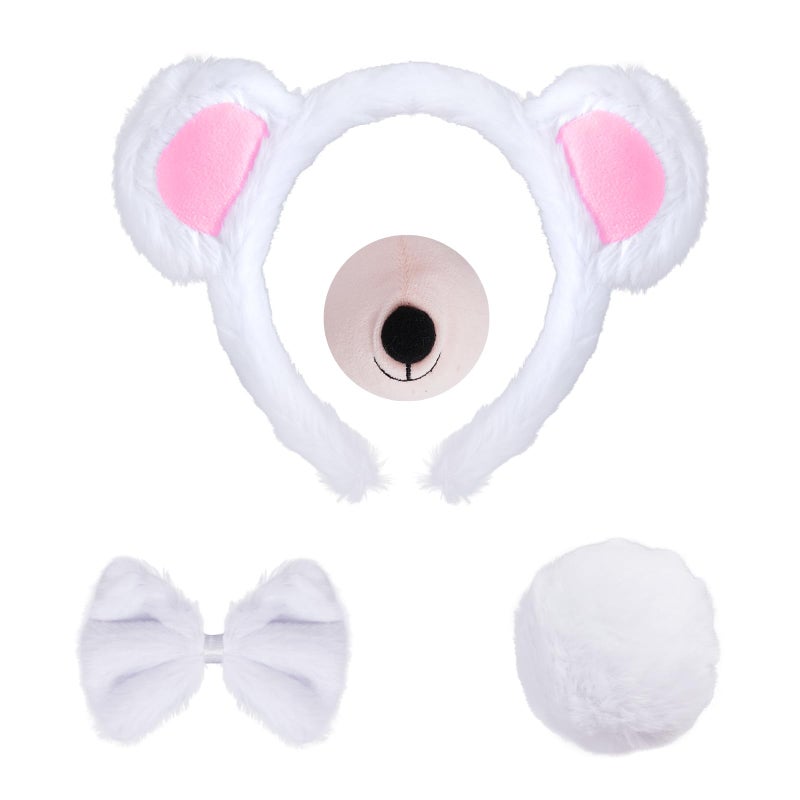 Jmkcoz 4 Pieces Bear Costume Set Bear Ears Headband and Tail Nose Bowtie for Halloween Carnival Animal Cosplay Party (White) - Image 1